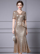Burgundy Sequins Short Sleeve Mother Of The Bride Dress