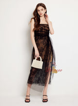 Lace Sequins Stitching Pleated Mesh Slit Dress