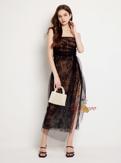 Lace Sequins Stitching Pleated Mesh Slit Dress