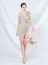 V-neck Sequins Pleats Mini Prom Dress