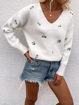 Printed V-neck Loose Pullover Sweater