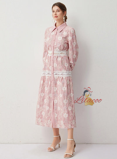 Long Sleeve Button Lace Dress