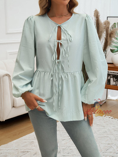 Casual Loose Striped Lantern Sleeve Lace-up Shirt