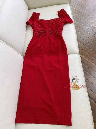 Red Sheath Short Sleeve Pleats Prom Dress