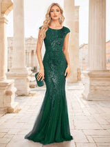 Burgundy Mermaid Sequins Cap Sleeve Prom Dress