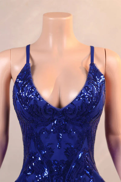 Royal Blue Mermaid Sequins Feather Prom Dress
