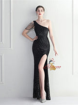 One Shoulder Sequins Beading Split Prom Dress