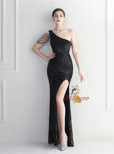One Shoulder Sequins Beading Split Prom Dress
