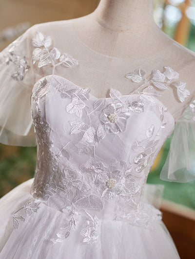 White Tulle Lace Appliques Short Sleeve Homecoming Dress