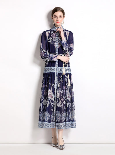 Holiday Style Retro Printed Long-sleeved Dress