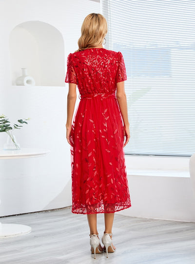 Mesh Sequins Slim V-neck Long Dress