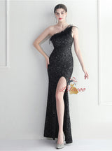 One Shoulder Mermaid Sequins Split Prom Dress