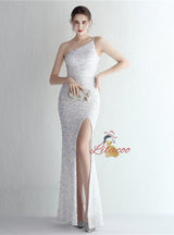 Mermaid Sequins One Shoulder Split Prom Dress