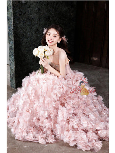 Pink Tulle 3D Flower Beading Quinceanera Dress