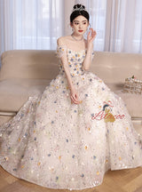 White Tulle Sequins Flower Off the Shoulder Prom Dress