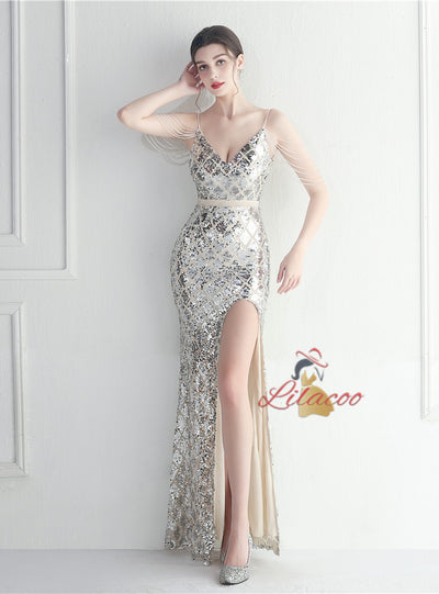 Spaghetti Straps Sequins Beading Prom Dress