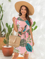 Floral Printed V-neck Short Sleeve Loose Dress