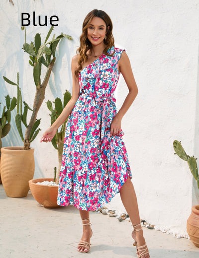 Casual Printed One Shoulder Dress