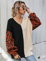 Loose V-neck Splicing Leopard Print Pullover Sweater