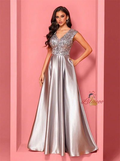 Champagne Satin V-neck Prom Dress