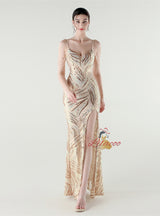 Mermaid Spaghetti Straps Sequins Split Beading Prom Dress