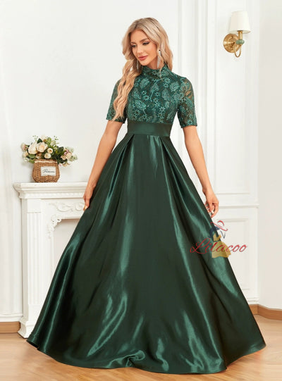 Short Sleeve Satin High Neck Prom Dress