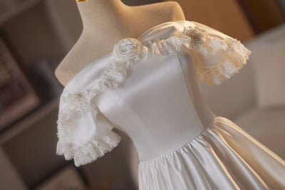 White Satin Off the Shoulder Wedding Dress