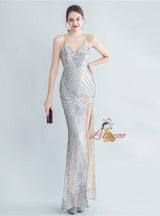 Sequins V-neck Backless Split Prom Dress