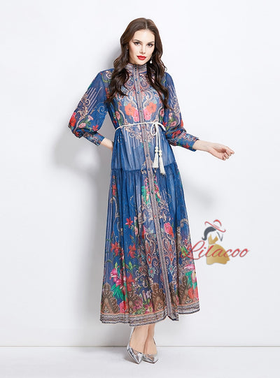 Retro Stand-up Button Printed Dress