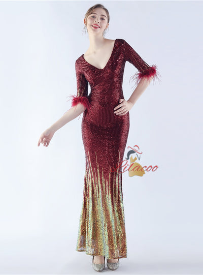 V-neck Short Sleeve Sequins Prom Dress