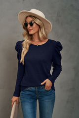 Long Sleeve Pleated Spliced Round Neck T-shirt