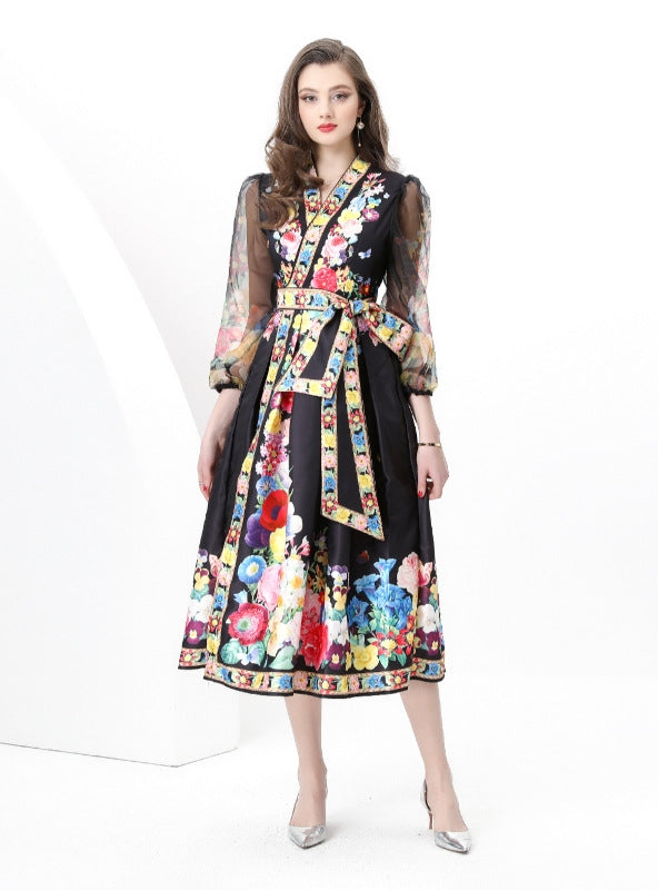 Vintage V-neck Gauze Lantern Sleeve Printed Dress