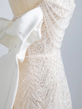 Beige White Mermaid Sequins Pearls Prom Dress