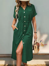 V-neck Pocket Solid Color Dress