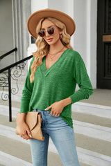 Solid Color V-neck Loose Casual Long Sleeve T-shirt