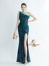 Mermaid Sequins One Shoulder Split Prom Dress