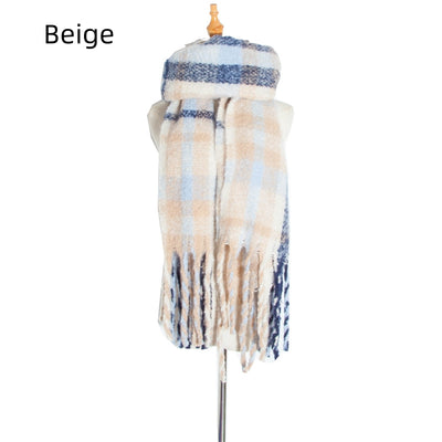 Polyester Plaid Thick Tassel Padded Shawl