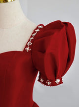 Black Square Neck Puff Sleeve Beading Prom Dress