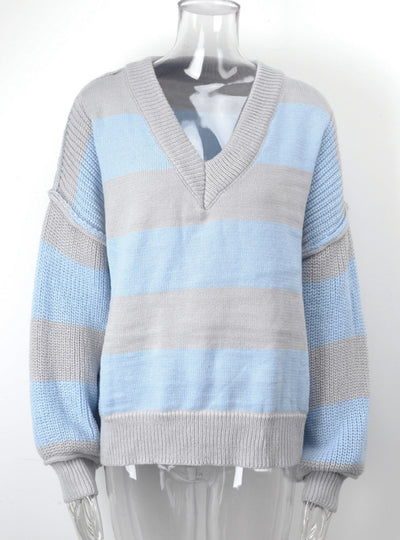 Loose V-neck Splicing Pullover Sweater