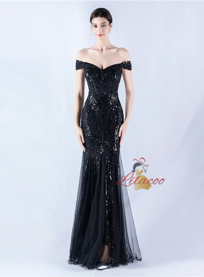 Mermaid Sequins Off the Shoulder Beading Prom Dress