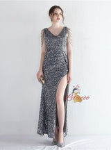 V-neck Sequins Beading Split Prom Dress