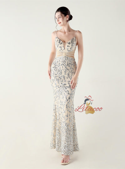 Mermaid Spaghetti Straps Sequins Beading Prom Dress