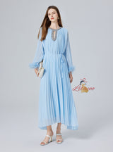 Diamond Beaded Feather Stitching Pleated Loose Dress