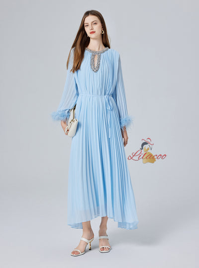 Diamond Beaded Feather Stitching Pleated Loose Dress