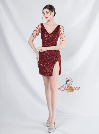 V-neck Sequins Beading Mini Prom Dress