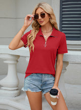 Solid Color Zipper Lapel Loose T-shirt