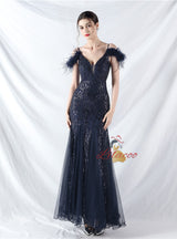 Spaghetti Straps Sequins Feather Prom Dress