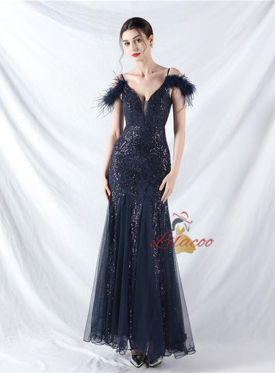 Spaghetti Straps Sequins Feather Prom Dress