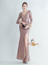 V-neck Long Sleeve Sequins Prom Dress