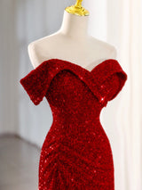 Blue Sequins Off the Shoulder Pleats Prom Dress